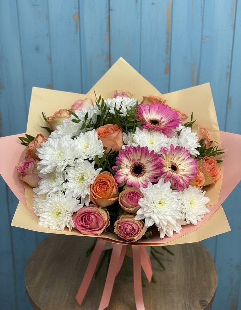 Букет цветов из: Розы, Герберы и Хризантемы в Жабкино