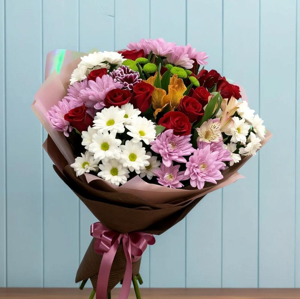 Букет цветов из: Розы, Хризантемы и Альстромерии в Жабкино