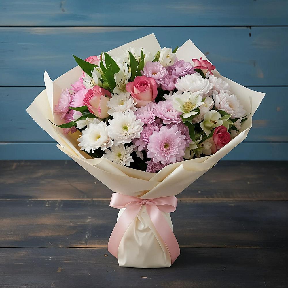 Букет цветов из: Хризантемы, Альстромерии и Розы в Жабкино